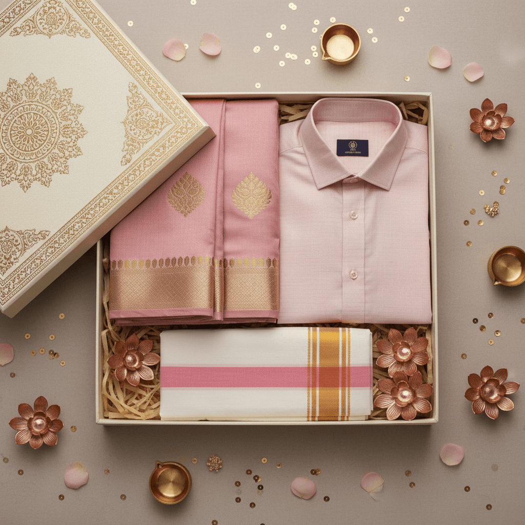 Rose kupera silk ensemble with coordinated shirt and dhoti