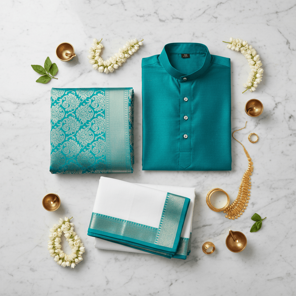 Teal heritage silk ensemble with festive accents