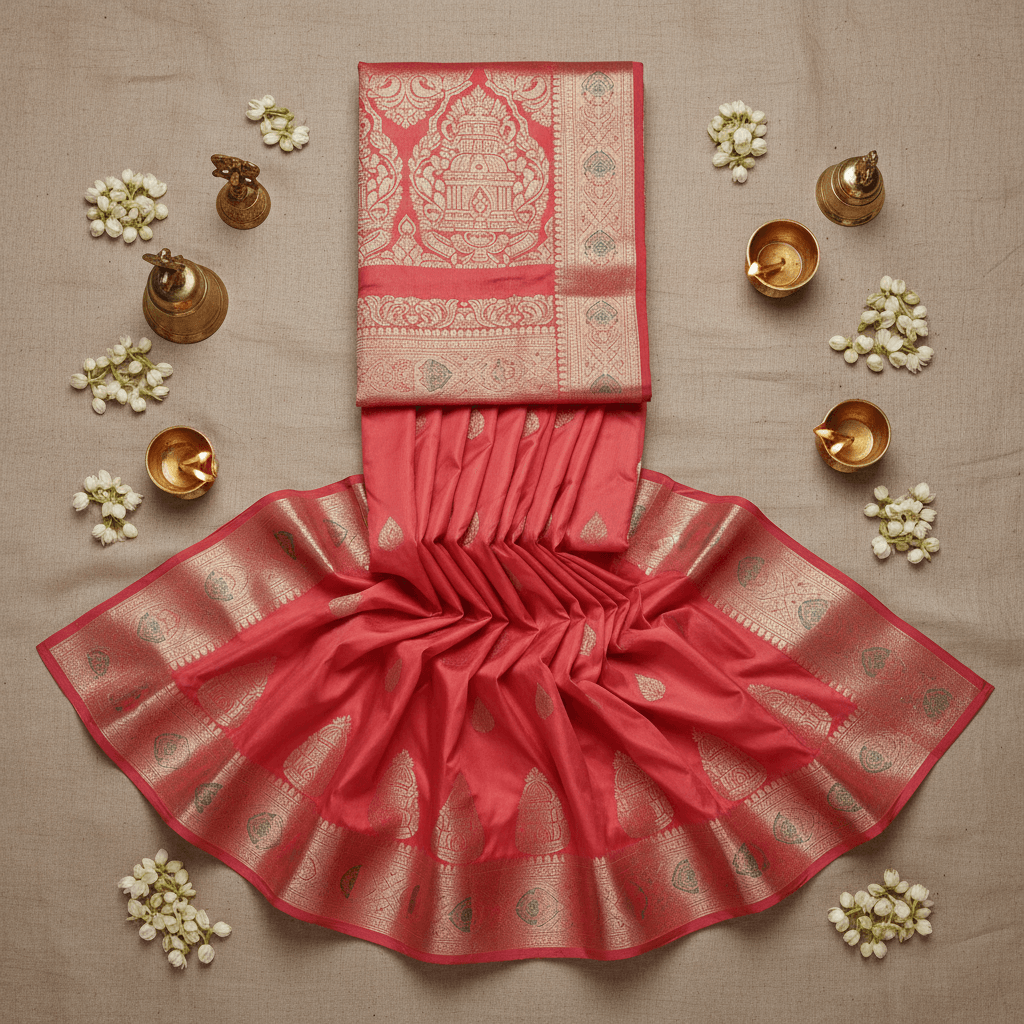 Coral kupera silk saree styled with diyas